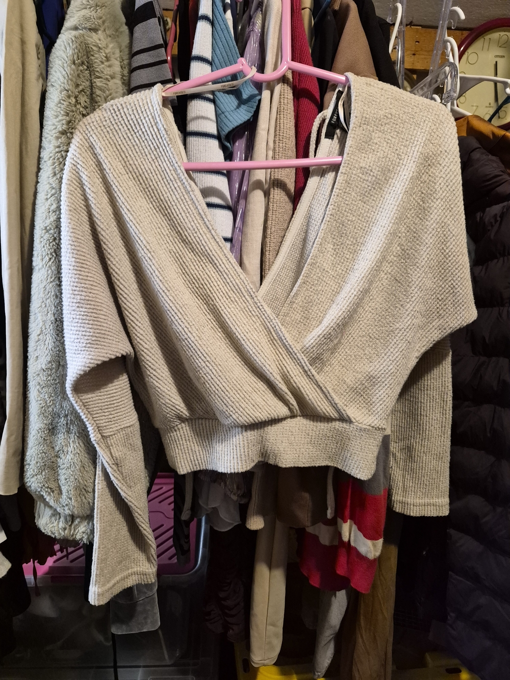 Forever 21 Beige Wrap V-Neck Cropped Sweater